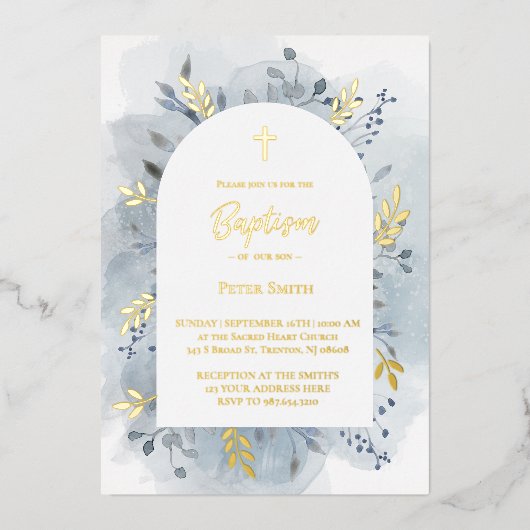 Baptisme dusty blue waterverf Silver Folie Uitnodiging (Voorkant)
