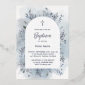 Baptisme dusty blue waterverf Silver Folie Uitnodiging (Voorkant)