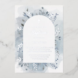 Baptisme dusty blue waterverf Silver Folie Uitnodiging