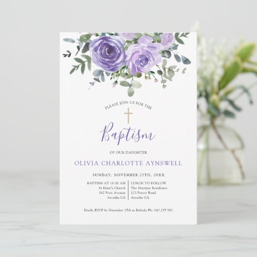 Baptisme Dusty Paars Roos Eucalyptus Christening Kaart (Staand voorkant)