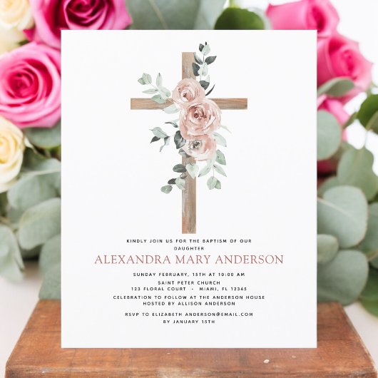 Baptisme Dusty Pink Rose Eucalyptus Invitation