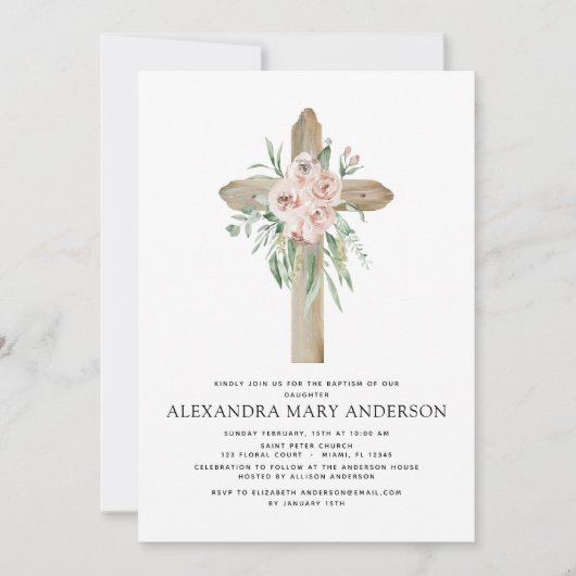 Baptisme Dusty Pink Rose Greenery Eucalyptus Invit Kaart (Voorkant)