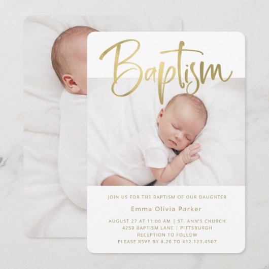 Baptisme | Eenvoudig minimaal goud met twee foto's Kaart (Voorkant / Achterkant)