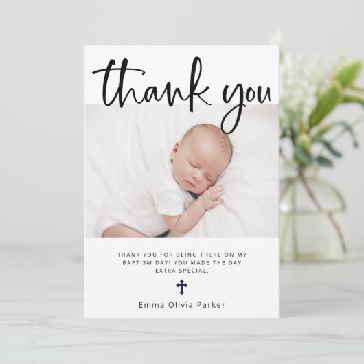 Baptisme | Eenvoudig minimaal zwart en wit en foto Bedankkaart (Staand voorkant)