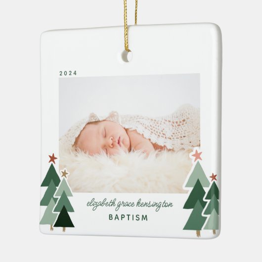 Baptisme Eerste Kerstmis Rustic Trees Foto Keramisch Ornament (Links)