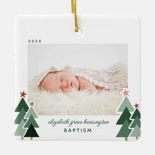 Baptisme Eerste Kerstmis Rustic Trees Foto Keramisch Ornament (Voorkant)