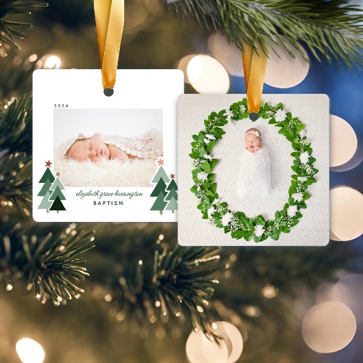 Baptisme Eerste Kerstmis Rustic Trees Foto Keramisch Ornament