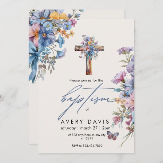 Baptisme elegant modern blauw waterverf kruis kaart (Voorkant / Achterkant)