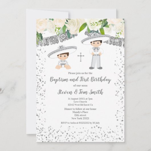  Baptisme en Birthday Fiesta Floral Twins Boy  Kaart (Voorkant)