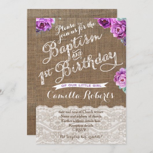 Baptisme en eerste verjaardag nodigt lavender uit kaart (Voorkant / Achterkant)