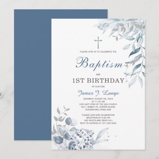 Baptisme en First Birthday Invitation Boy Kaart (Voorkant / Achterkant)