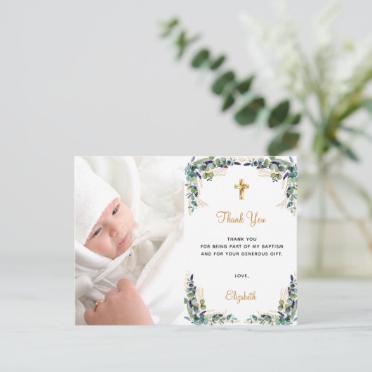 Baptisme eucalyptus aangepaste foto bedankt briefkaart (Staand voorkant)