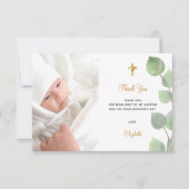 Baptisme eucalyptus aangepaste foto wit goud bedankkaart (Voorkant)
