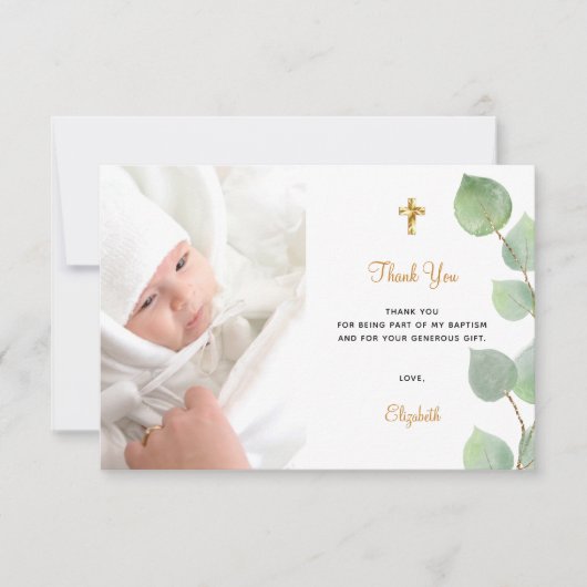 Baptisme eucalyptus aangepaste foto wit goud bedankkaart (Voorkant)