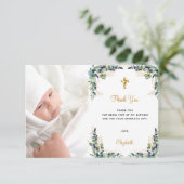 Baptisme eucalyptus aangepaste foto wit goud bedankkaart (Staand voorkant)