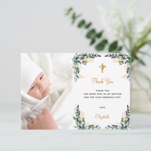 Baptisme eucalyptus aangepaste foto wit goud bedankkaart (Staand voorkant)