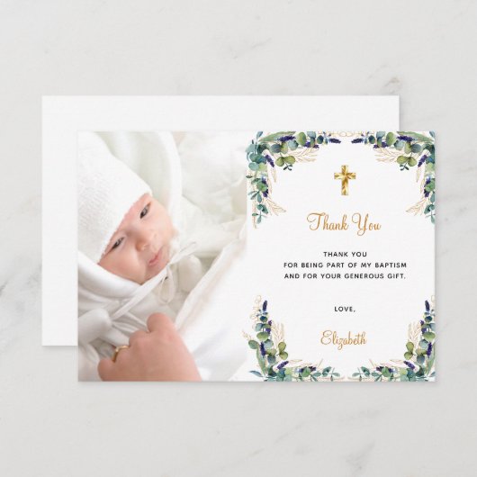 Baptisme eucalyptus aangepaste foto wit goud bedankkaart (Voorkant / Achterkant)