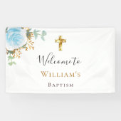 Baptisme eucalyptus blauwe florale jongen welkom spandoek (Horizontaal)