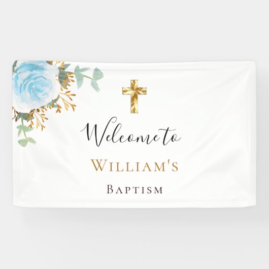 Baptisme eucalyptus blauwe florale jongen welkom spandoek (Horizontaal)