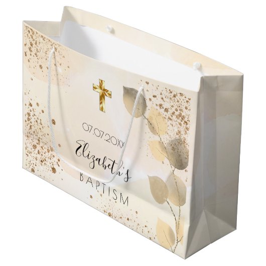 Baptisme eucalyptus glitter golden monogram groot cadeauzakje (Voorkant Gekanteld)