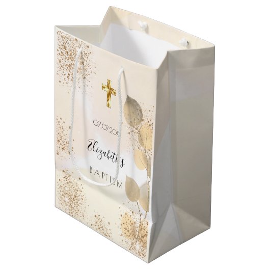 Baptisme eucalyptus glitter golden monogram medium cadeauzakje (Voorkant Gekanteld)