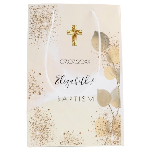 Baptisme eucalyptus glitter golden monogram medium cadeauzakje (Voorkant)