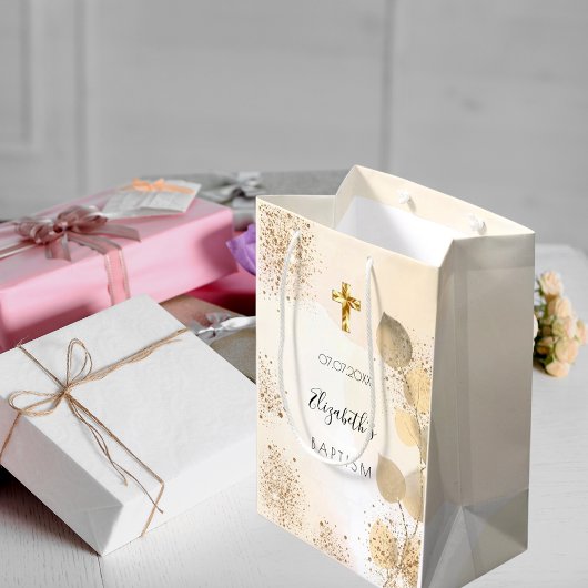Baptisme eucalyptus glitter golden monogram medium cadeauzakje