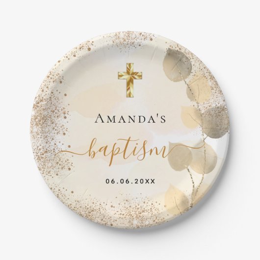 Baptisme eucalyptus golden glitter monogram papieren bordje (Voorkant)