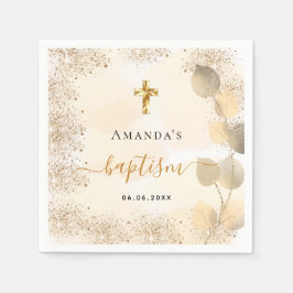Baptisme eucalyptus golden glitter monogram servet