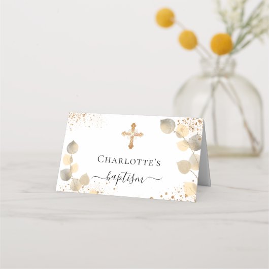 Baptisme eucalyptus golden glitter sparren plaatskaartje (Achterkant)