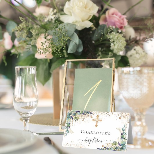 Baptisme eucalyptus goud glitsstof plaatskaartje