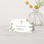 Baptisme eucalyptus goud glitsstof plaatskaartje (Achterkant)