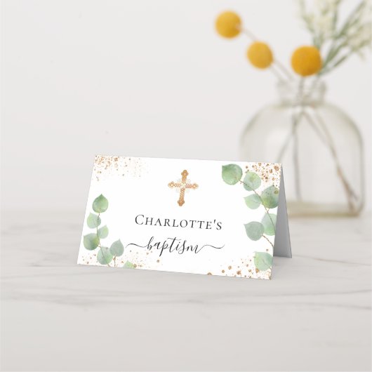 Baptisme eucalyptus goud glitsstof plaatskaartje (Achterkant)