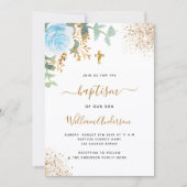 Baptisme eucalyptus greenery blue gold floral boy kaart (Voorkant)