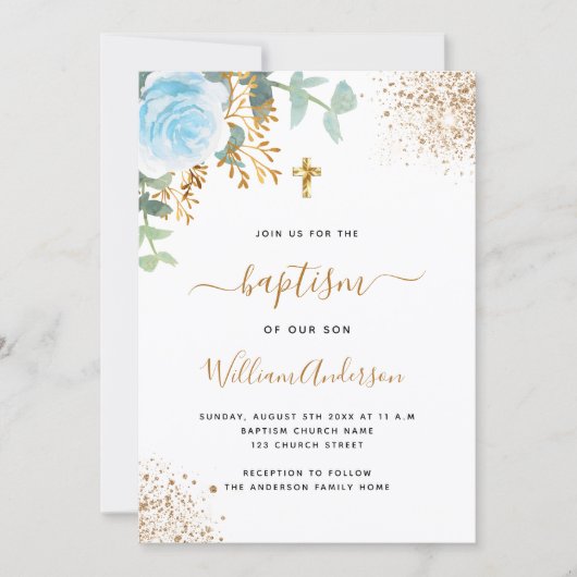 Baptisme eucalyptus greenery blue gold floral boy kaart (Voorkant)