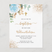 Baptisme eucalyptus greenery blue gold floral boy uitnodiging briefkaart (Voorkant)