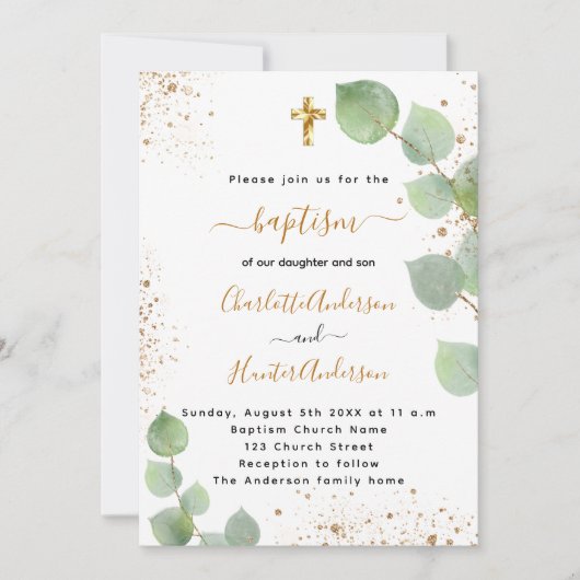 Baptisme eucalyptus greenery cross-scripttweeling kaart (Voorkant)