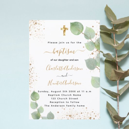 Baptisme eucalyptus greenery cross-scripttweeling kaart