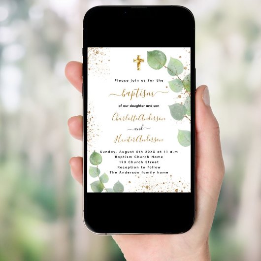 Baptisme eucalyptus greenery cross-scripttweeling kaart