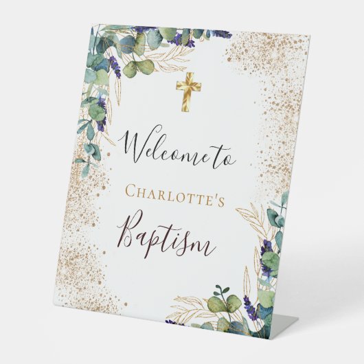 Baptisme eucalyptus greenery elegant welkom reclamebord met voetstuk (Voorkant)
