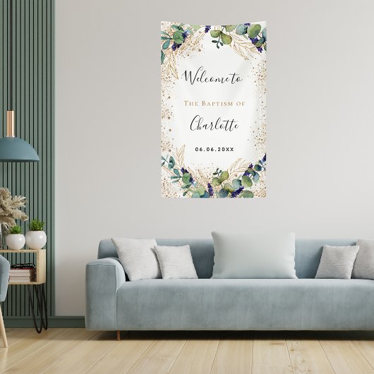 Baptisme eucalyptus greenery elegant welkom spandoek