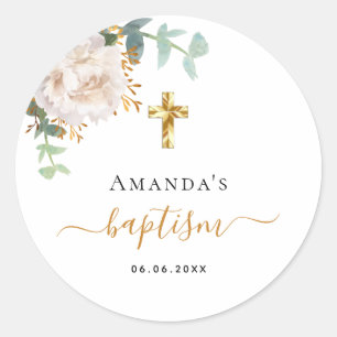 Baptisme eucalyptus greenery floral gold cross ronde sticker