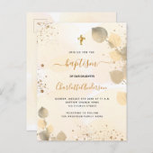 Baptisme eucalyptus greenery glitter cross-gouden uitnodiging briefkaart (Voorkant / Achterkant)
