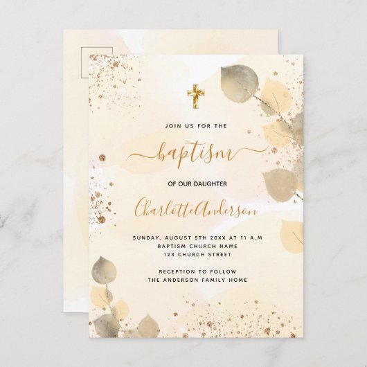 Baptisme eucalyptus greenery glitter cross-gouden uitnodiging briefkaart (Voorkant / Achterkant)