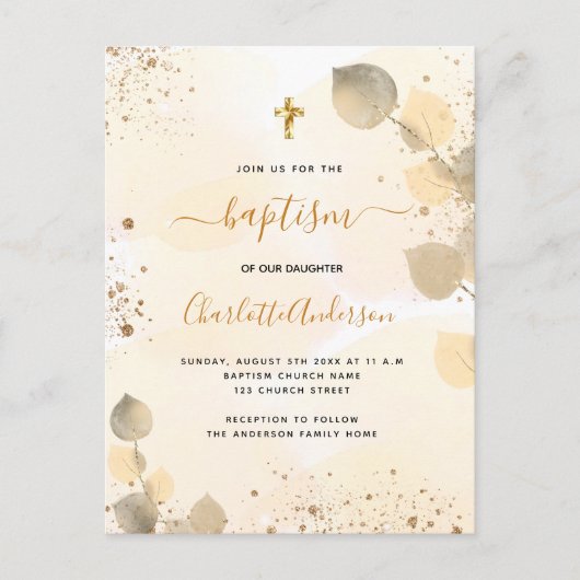 Baptisme eucalyptus greenery glitter cross-gouden uitnodiging briefkaart (Voorkant)