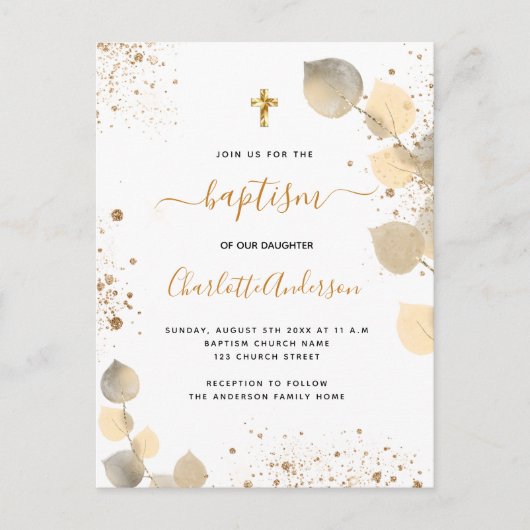 Baptisme eucalyptus greenery glitter cross-gouden uitnodiging briefkaart (Voorkant)