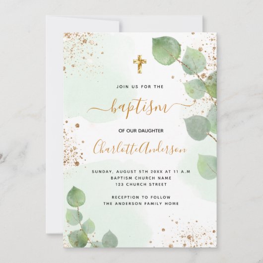 Baptisme eucalyptus greenery glitter cross script kaart (Voorkant)