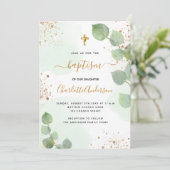 Baptisme eucalyptus greenery glitter cross script kaart (Staand voorkant)