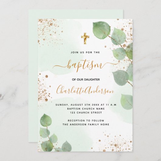 Baptisme eucalyptus greenery glitter cross script kaart (Voorkant / Achterkant)
