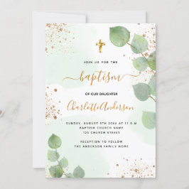 Baptisme eucalyptus greenery glitter cross script kaart